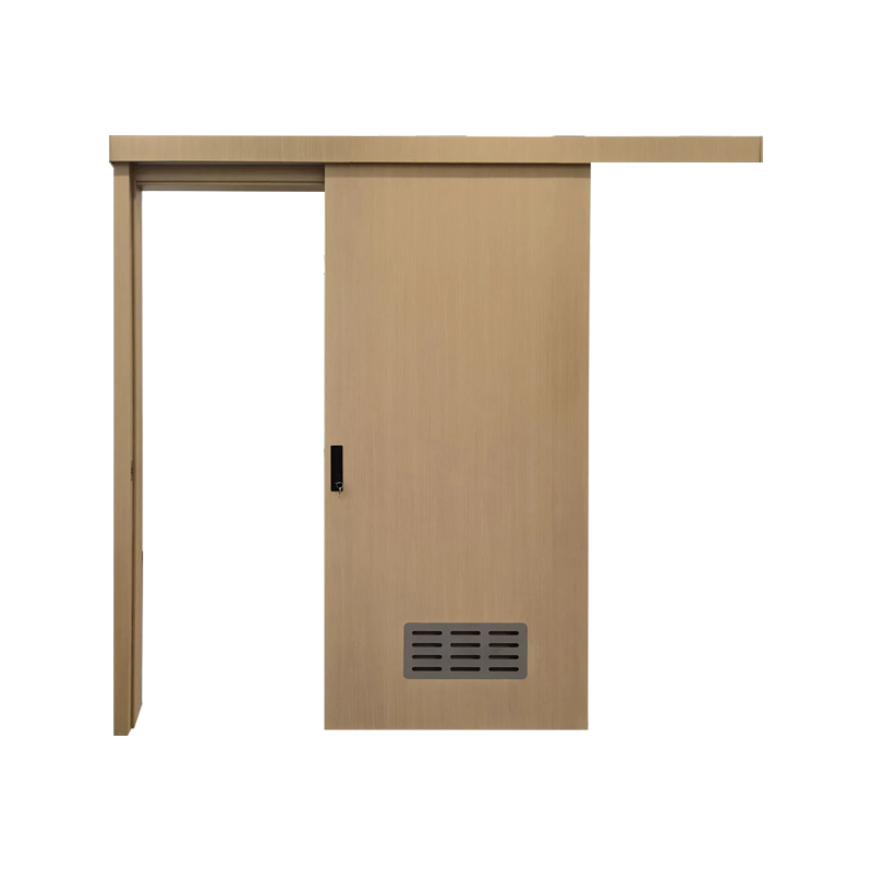 Puerta corrediza de acero tipo granero con paneles con rejilla