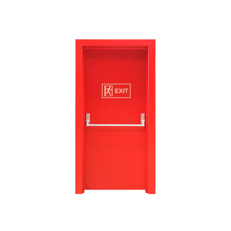 Puerta de salida roja de acero con barra de empuje