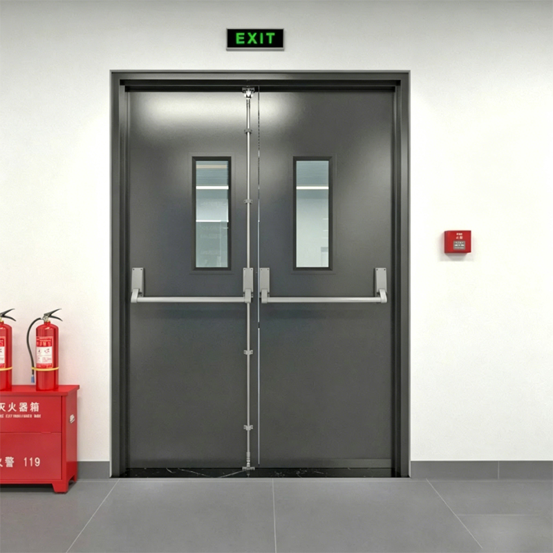 Puerta doble de salida de emergencia con barra de empuje