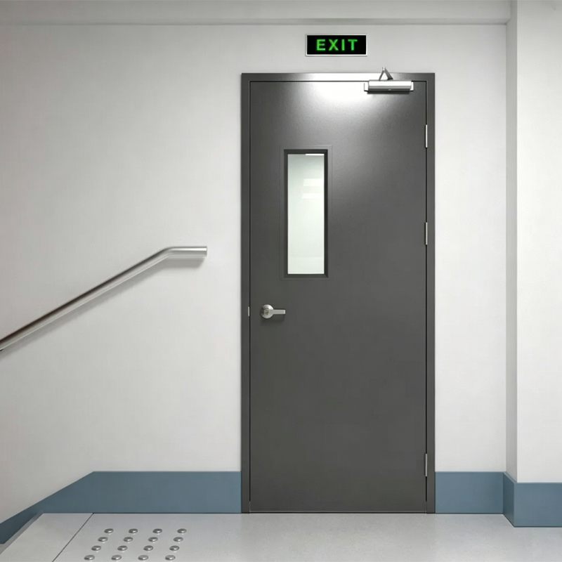 Puerta de escalera de acero con barra de empuje