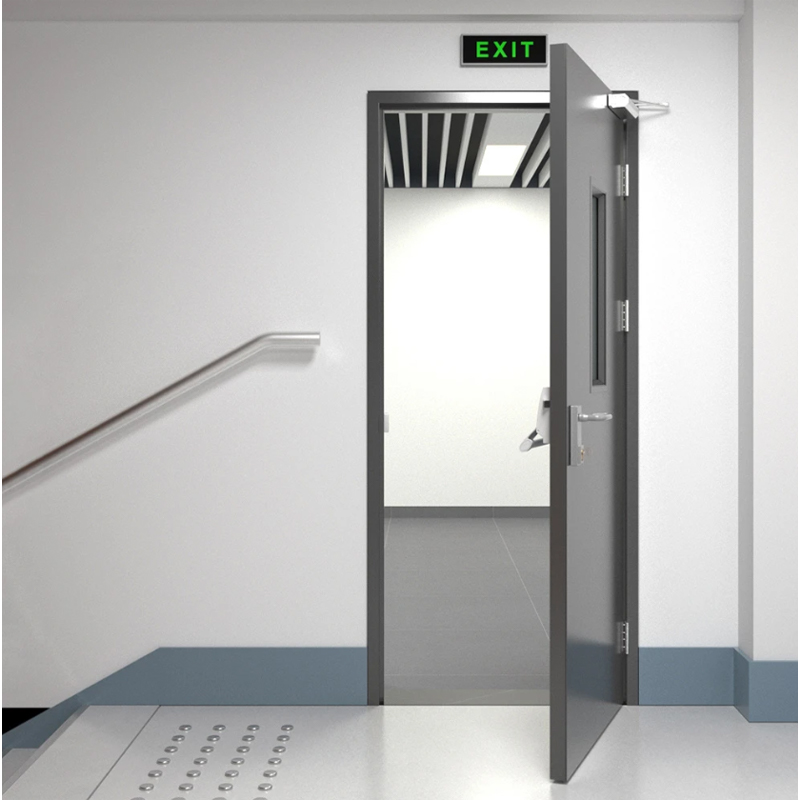 Puerta de escalera de acero con barra de empuje