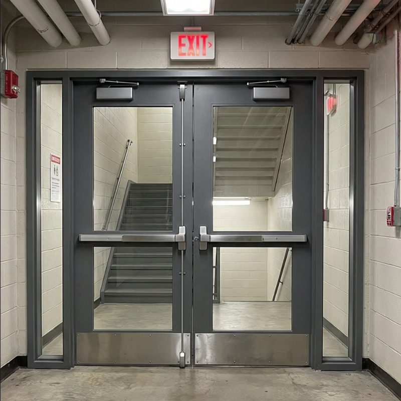 Puerta de doble vidrio de acero con barra de empuje
